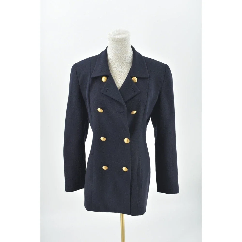 Jones New York Women 4 Vintage Double Breasted Blazer Worsted Wool Navy Blue